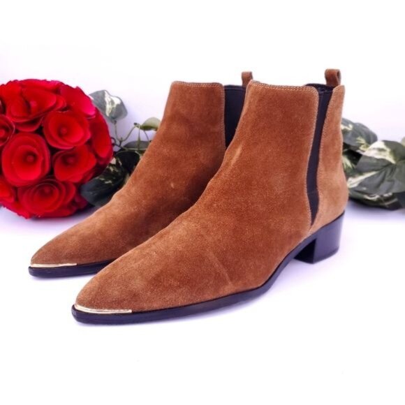 Marc Fisher Suede Leather Ankle Boot Bootie Chelsea Yale Designer Brown Gold Toe - Picture 3 of 9
